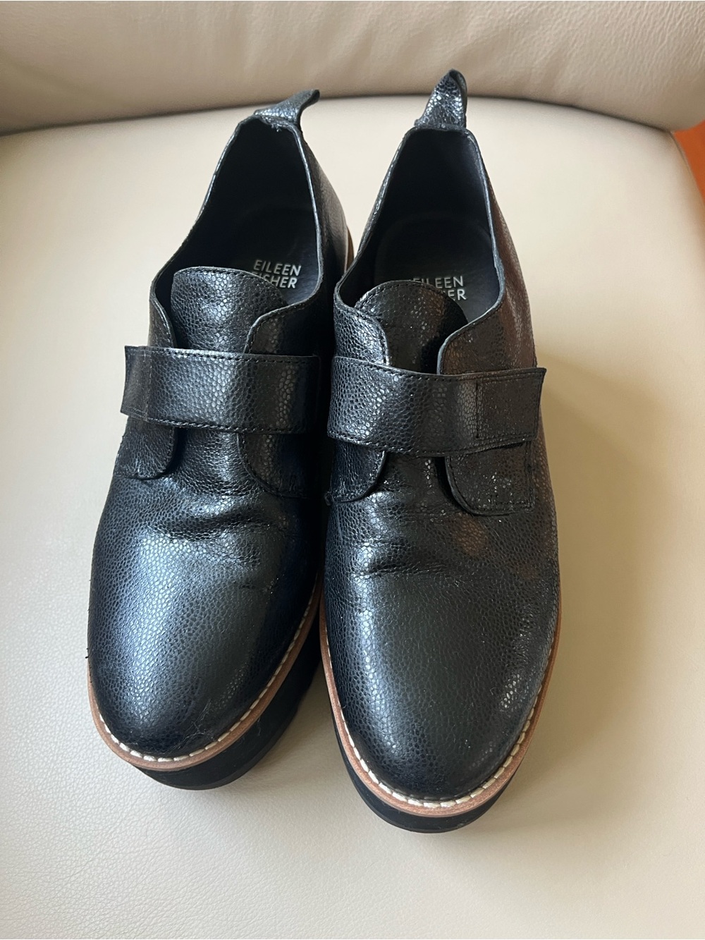 Eileen Fisher Black Zola Wedge Oxford Pebbled Leather  Loafers